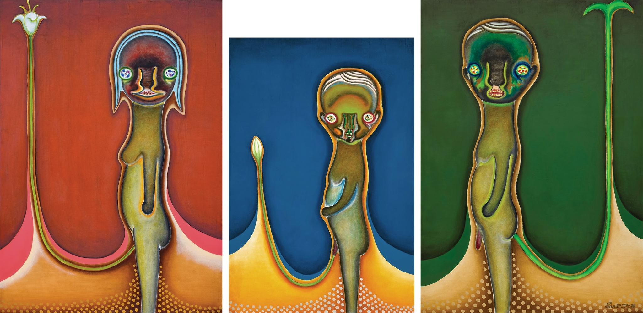 加藤泉《无题》 2003年作，油彩 画布（三联屏），227.3 x 162.1 cm； 194 x 130.3 cm； 227.3 x 162.1 cm