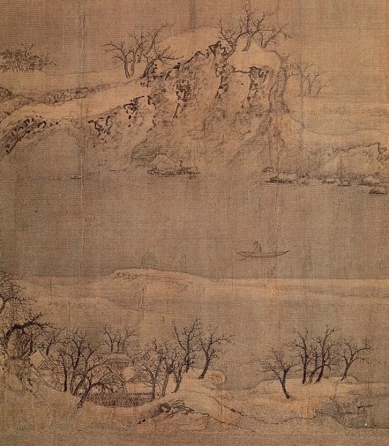 《雪江归棹图》全卷中央独行的渔父