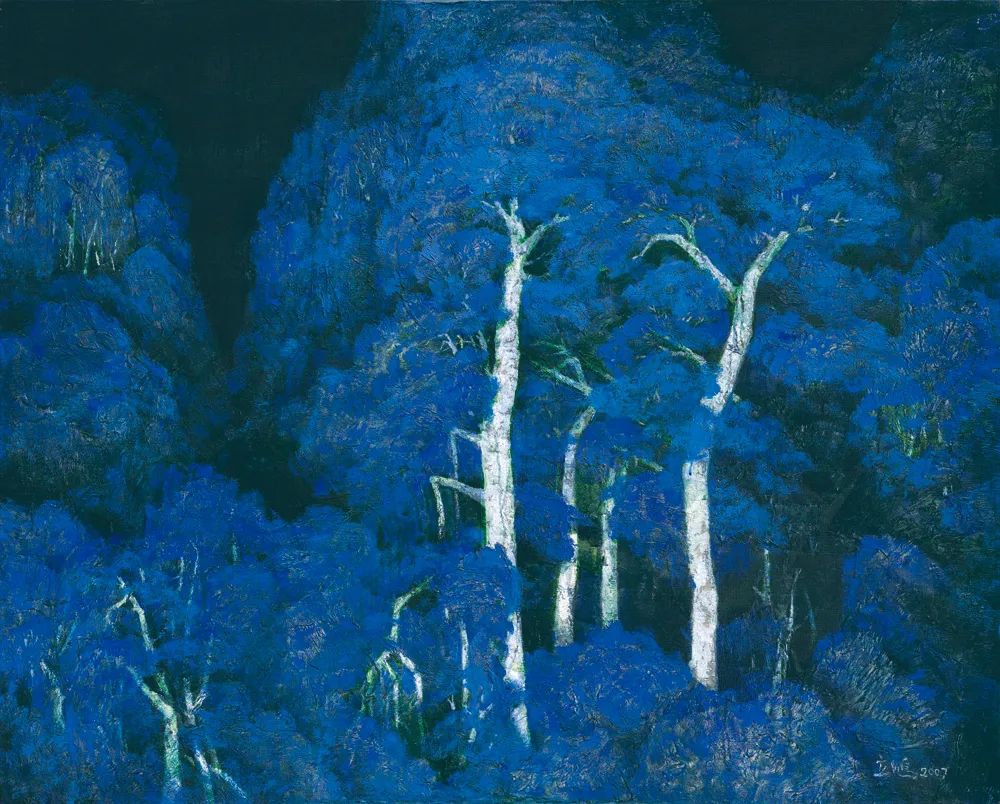 《子夜白桦》，闻立鹏，布面油画  130cm×162cm  2007年