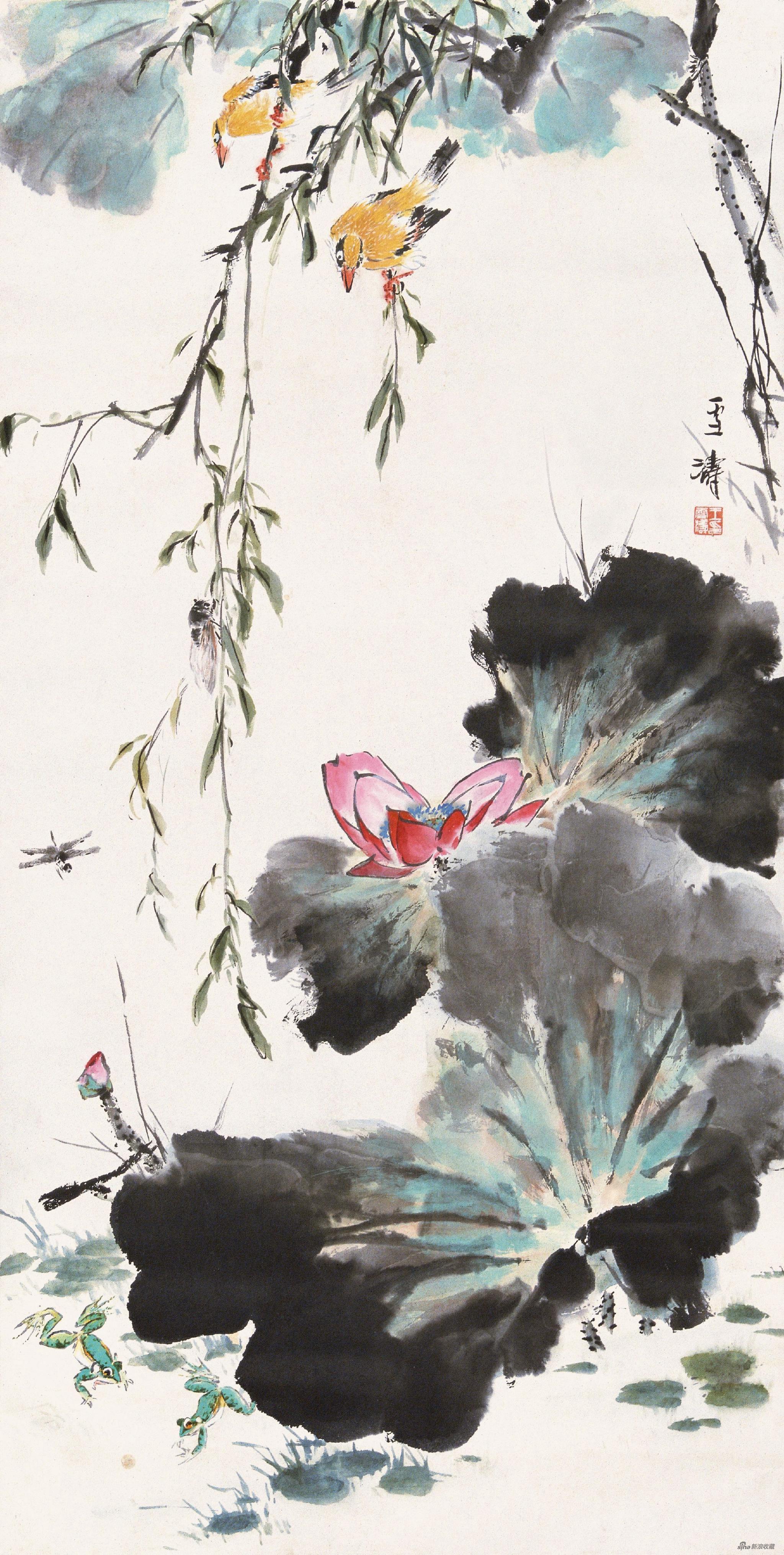 荷塘图 王雪涛 129cm×66cm 纸本设色 1975年 北京画院藏
